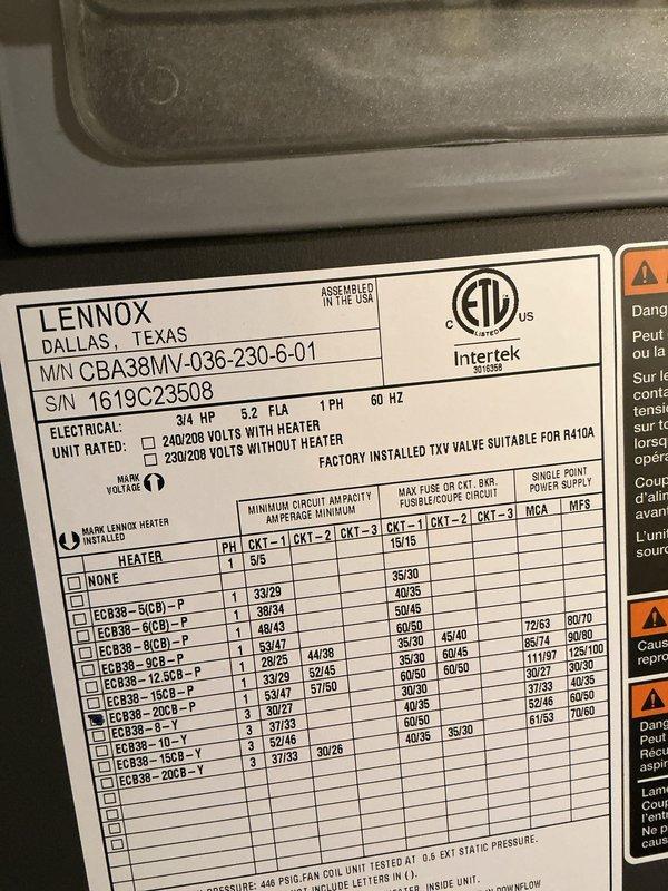 Completed heating tune-up on Lennox CBA38MV-036-230-6-01 unit located in basement. Performed comprehensive inspection of furnace components, verified proper operation of blower motor (3/4 HP, 5.2 FLA), checked electrical connections at 208-230V specifications, and confirmed thermostat functionality with Emerson digital control displaying accurate temperature readings. All systems operating within manufacturer specifications with no issues identified.