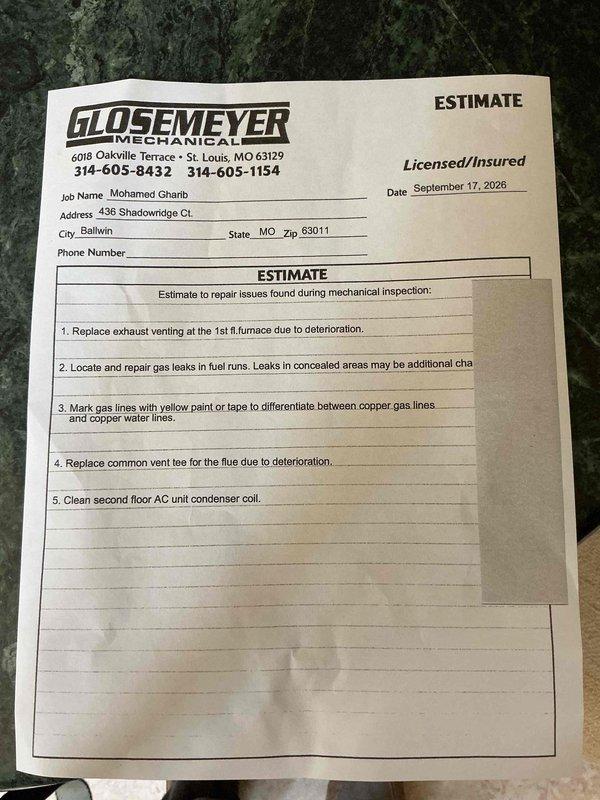Completed pre-sale mechanical inspection and addressed multiple safety and maintenance concerns. Replaced deteriorated exhaust venting at first floor furnace and common vent tee for flue system. Located and repaired gas leaks in fuel runs, then marked all gas lines with yellow identification to differentiate from copper water lines per code requirements. Cleaned second floor AC unit condenser coil to restore proper airflow and system efficiency.