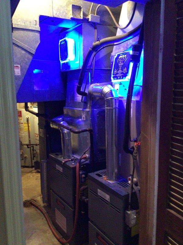 Installed two 600 CFM bypass humidifiers and two APCO-X air purification systems on existing HVAC equipment. All components were properly mounted, connected to ductwork with appropriate fittings, and integrated with the furnace system to provide whole-home humidity control and indoor air quality improvement.