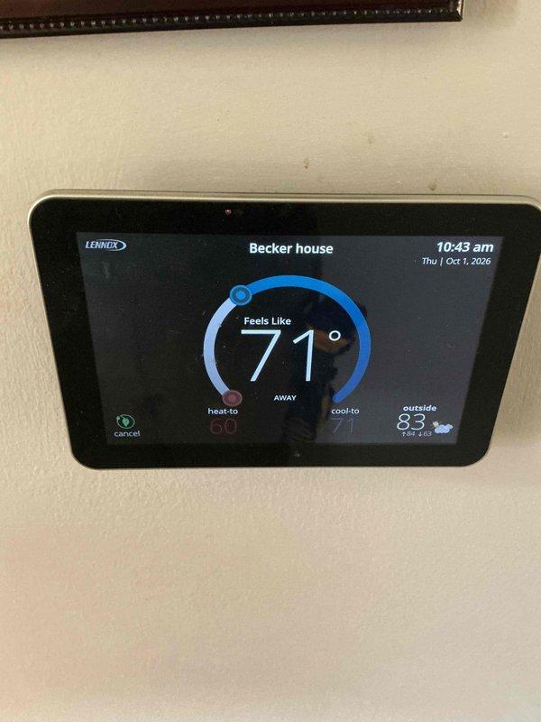 Completed scheduled heating maintenance tune-up on a 9-year-old furnace system. Performed comprehensive system inspection, verified proper operation of all components, and confirmed heating functionality. Inspected and documented pleated air filter condition showing clean media with uniform gray coloration and proper pleating throughout. Verified Lennox thermostat programming and operation, confirming heat setpoint at 60 degrees and system responding appropriately in away mode. All safety controls tested and operating within manufacturer specifications. System found to be working properly with no deficiencies noted.