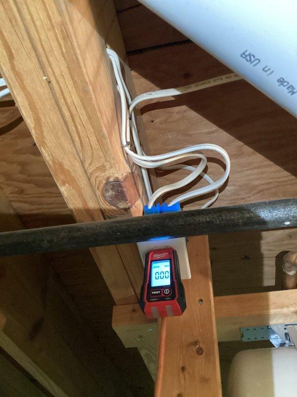 Responded to service call for non-functioning outlet supplying power to hot water heater and radon mitigation system. Performed diagnostic testing in attic space and at main electrical panel to identify circuit failure. Located tripped breaker controlling affected outlet circuit. Tested voltage and continuity at breaker panel using digital multimeter. Reset breaker and verified proper voltage restoration to outlet. Confirmed hot water heater and radon system restored to normal operation upon power restoration.
