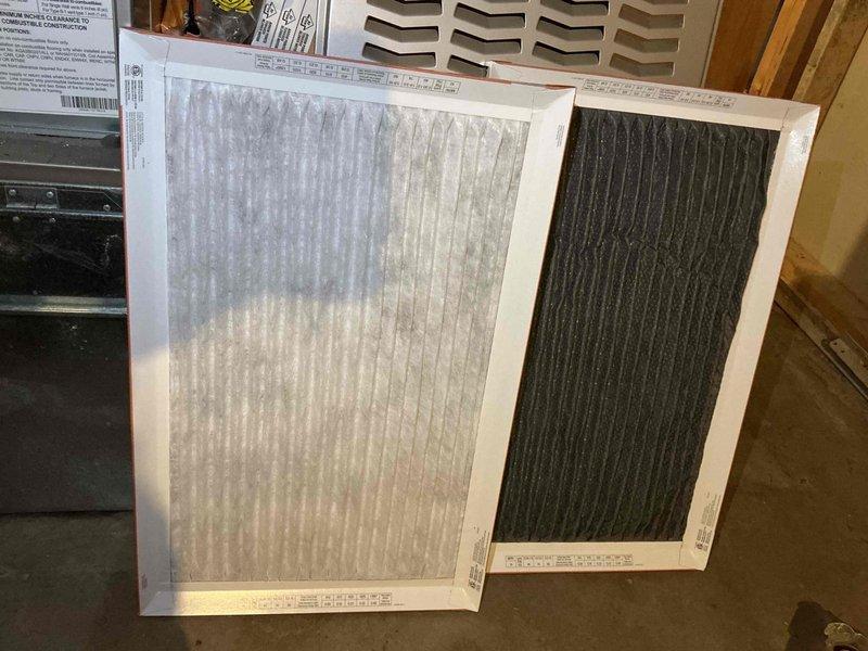 Completed comprehensive super tune maintenance service on residential HVAC system with unit located at side of home and air handler in basement. Replaced heavily soiled air filter that showed significant dust and debris accumulation with new filter to restore proper airflow and system efficiency. Performed electrical diagnostics using multimeter to verify proper voltage and amperage readings across system components, ensuring all electrical parameters were within manufacturer specifications.