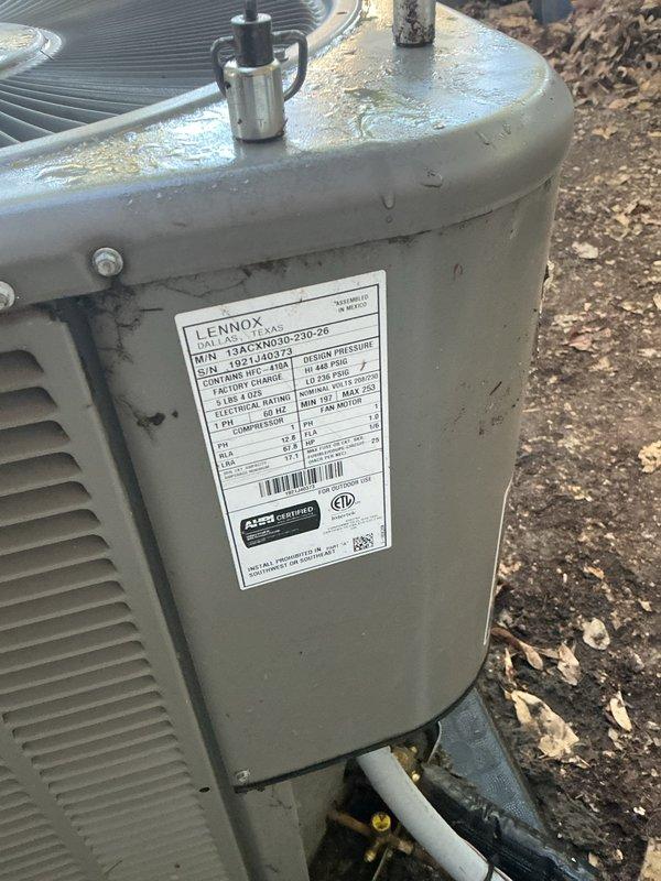 Responded to no cooling call on 4-year-old Lennox model 13ACXN03D-230-26 outdoor condensing unit. Upon arrival, confirmed unit was blowing warm air with no cooling capacity. Performed diagnostic evaluation of system components including capacitor inspection and electrical connections. Assessed condenser coil condition and verified proper power supply to unit. Completed necessary repairs to restore cooling operation and tested system for proper functionality before departure.