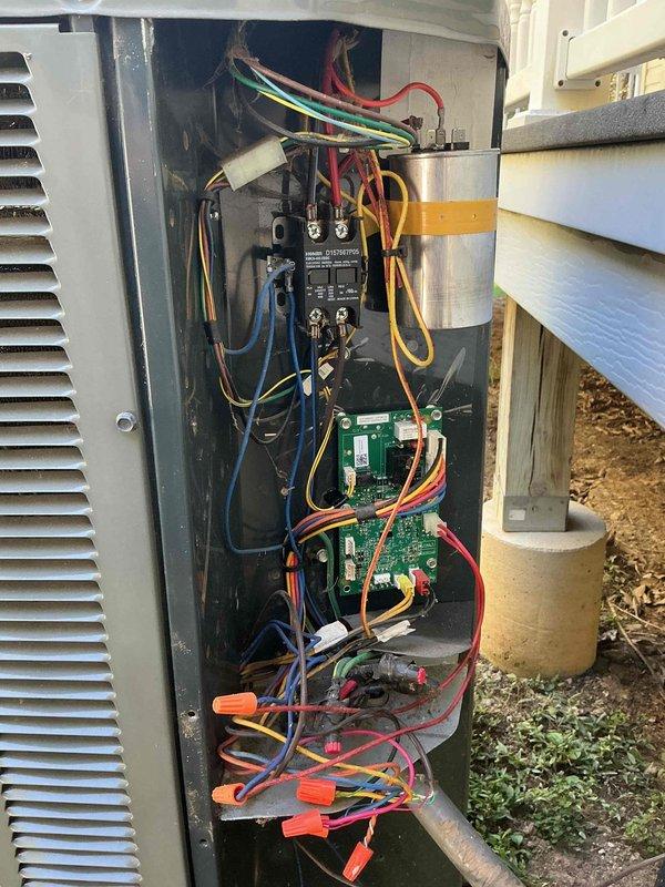 Replaced defective defrost control board on heat pump system to restore proper heating operation. Removed failed board from outdoor unit control panel, installed new replacement board, reconnected all electrical connections including relay wiring and sensor leads, and verified proper system operation. Defective board was removed from site per standard disposal procedures.