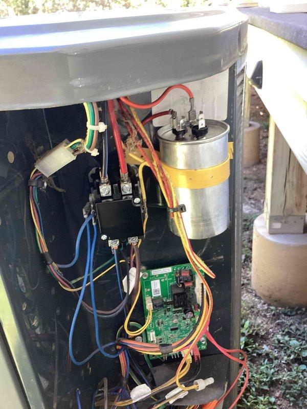 Responded to no heat call on heat pump system. Upon arrival, found that previously installed defrost board was not functioning properly. Performed diagnostic testing on low voltage control circuits and heat pump electrical components including defrost control board, capacitor, and contactor. Identified multiple issues affecting system operation. Documented equipment condition with photos showing significant dust accumulation on indoor components and outdoor unit wiring configuration. System requires repairs beyond defrost board replacement. Provided quote for necessary repairs to restore proper heat pump operation. Unit remains non-operational pending customer approval of recommended repairs.