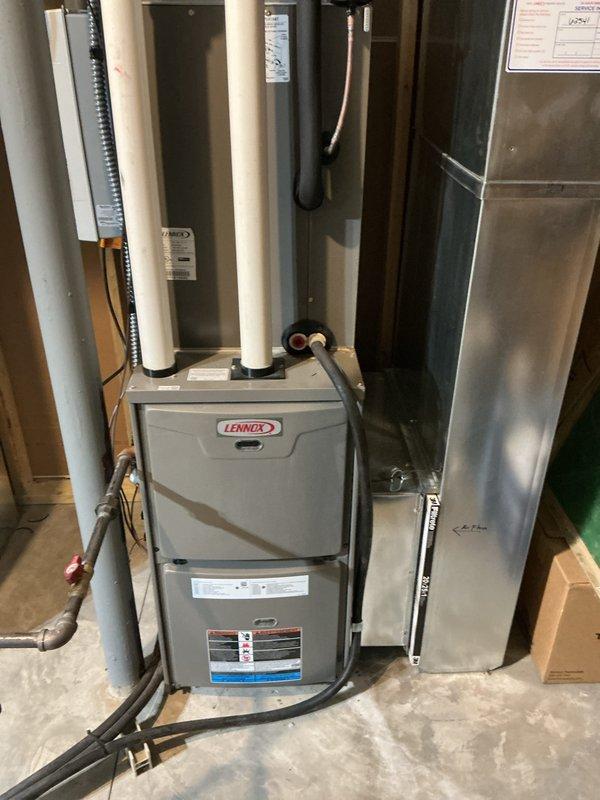 Completed Supertune maintenance service on Lennox furnace system (A-2 unit). Performed comprehensive inspection of furnace, verified proper operation of all components, checked gas connections and electrical systems, and inspected air filter condition. System found to be operating within normal parameters with clean filter in place and all safety controls functioning correctly.
