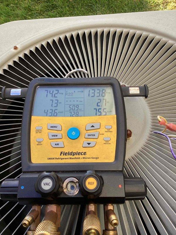 Responded to no-cool complaint on 19-year-old Lennox system. Upon arrival, found outdoor condenser coil heavily contaminated with dust, dirt, debris, and lint accumulation restricting airflow through fins. Cleaned condenser coil thoroughly to restore proper heat transfer capability. Connected manifold gauges to system and verified refrigerant pressures and temperatures. System operating parameters returned to normal range following coil cleaning. Unit tested and confirmed cooling operation restored.