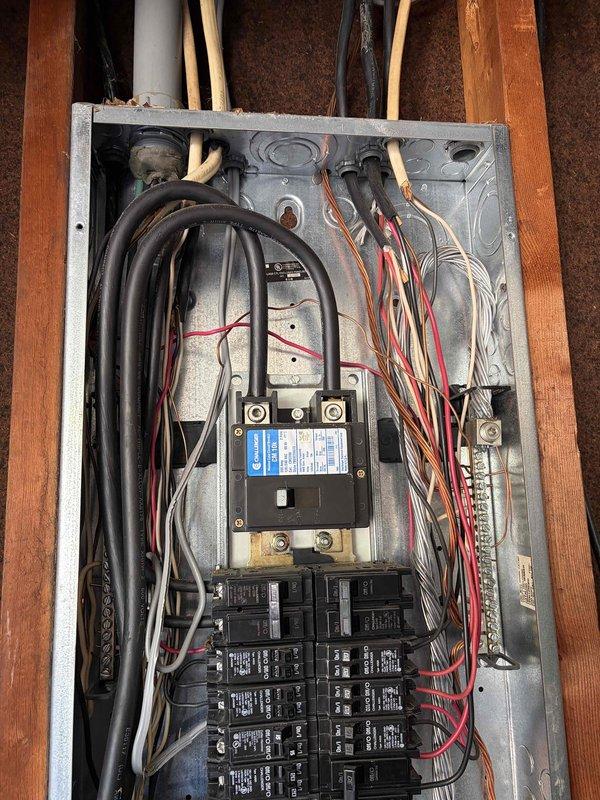 Completed comprehensive electrical inspection of residential property including exterior meter box and main service panel. Documented current condition of electrical infrastructure with photographic evidence showing outdoor meter installation with proper clearance and interior panel configuration with main breaker and dual rows of branch circuit breakers. Assessed existing outlet conditions throughout property to prepare estimate for replacement work as requested.