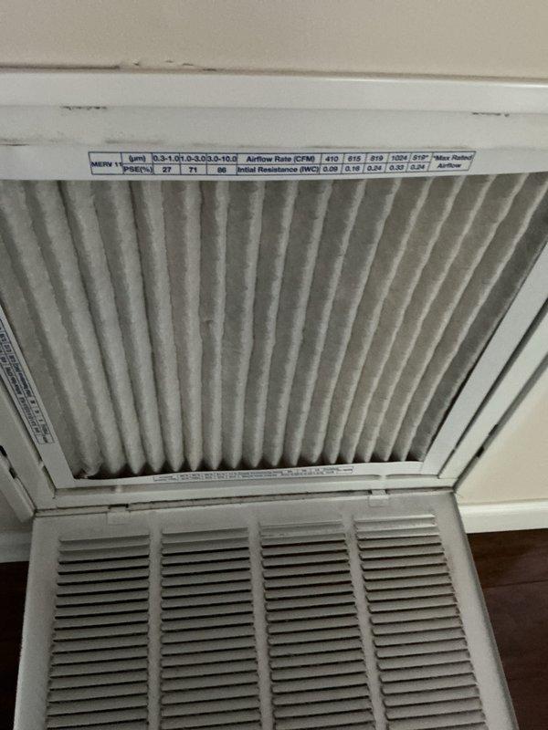 Completed comprehensive supertune maintenance on residential furnace and air conditioning system per customer request. Both units operational at time of service with unknown age. Performed full system inspection, replaced dirty air filter showing significant dust and debris accumulation, verified airflow specifications and MERV rating compliance. Inspected existing Honeywell digital thermostat and discussed upgrade options with customer for potential future replacement.