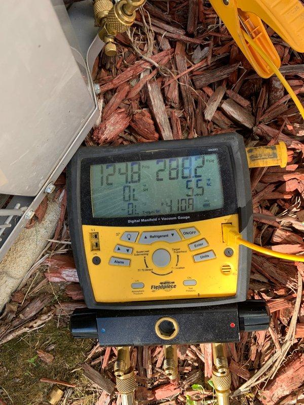 Responded to no cool complaint on ground-level outdoor condensing unit. Upon arrival, utilized digital manifold gauges to diagnose refrigerant system performance. Testing revealed inadequate cooling capacity due to system operating parameters outside normal specifications. Performed comprehensive diagnostic evaluation of compressor operation, refrigerant pressures, and overall system performance to identify root cause of insufficient cooling output reported by occupant.