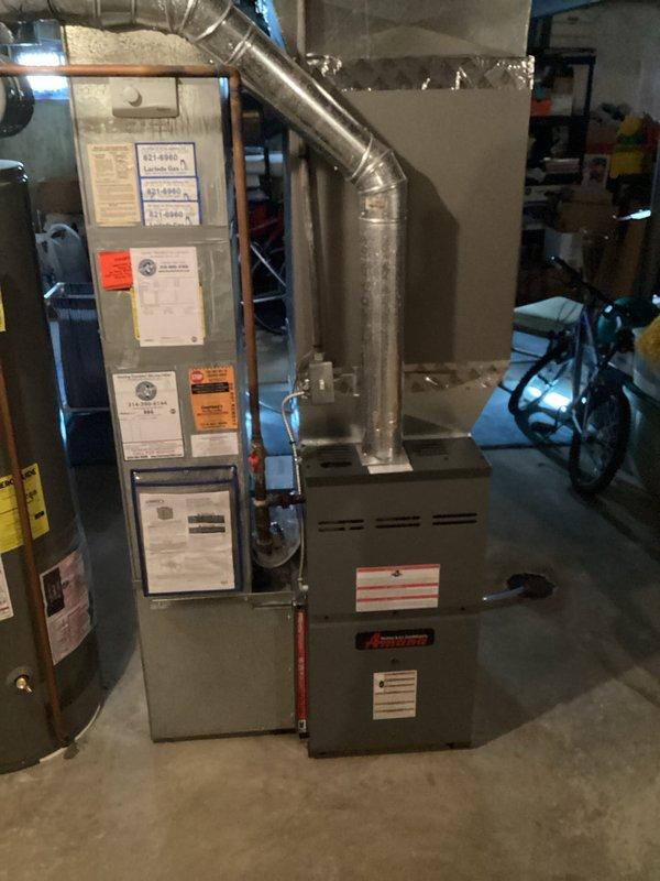 Completed routine heating tune-up on 15-year-old Amana furnace system with no reported operational issues. Performed comprehensive inspection of all furnace components, verified proper combustion and airflow, checked gas connections and electrical systems, and inspected air filter condition. System found operating within normal parameters; all safety controls tested and confirmed functional.