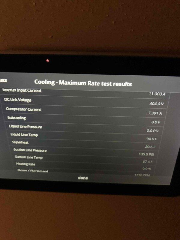 Responded to a no-cool call on the outdoor condensing unit and ran a maximum-rate cooling test through the system diagnostics. Readings showed normal compressor and inverter operation (7.4 A compressor current, 404 V DC link, 135.5 PSI suction pressure, 20.6°F superheat, ~1210 CFM blower demand). Verified electrical connections at the unit and confirmed the system is cooling properly, then left the system with the fan running per instructions.