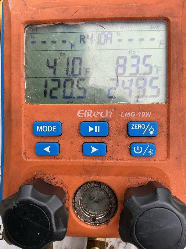 Replaced the failed compressor on the outdoor condensing unit under manufacturer parts and labor warranty, with the original unit retained per warranty requirements. After the swap, connected a digital manifold gauge set and verified system operation on R410A, with suction and discharge pressures stable and the unit running properly in both heating and cooling modes.