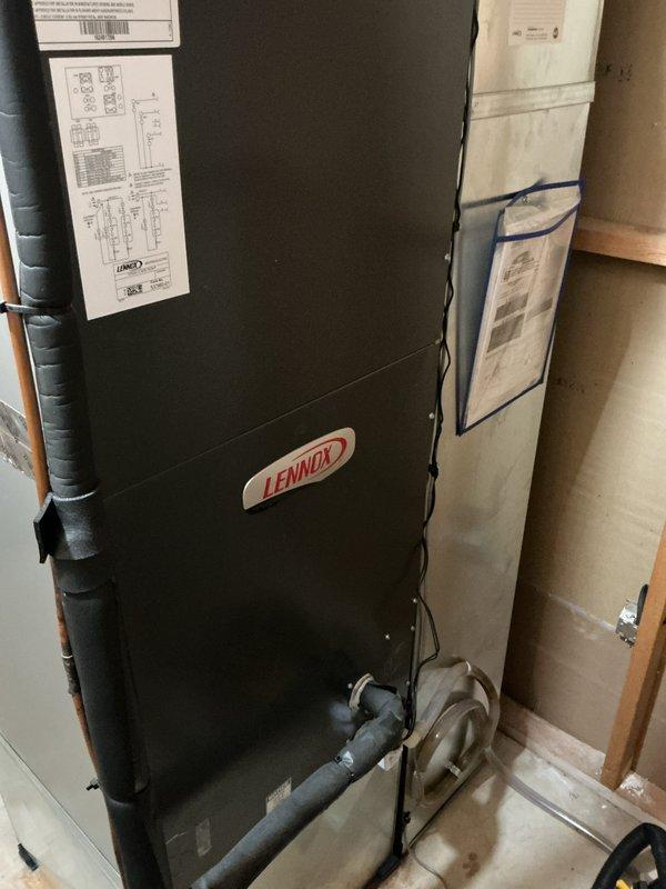 Performed annual heating tune-up on the approximately 2.5-year-old furnace/air handler and verified proper operation, with no deficiencies or issues found. Inspected the Lennox air handler, refrigerant line insulation, and condensate drain, all in clean, intact condition with no signs of frost, rust, or damage. Confirmed the Sensi smart thermostat is communicating and responding to heat set point changes.