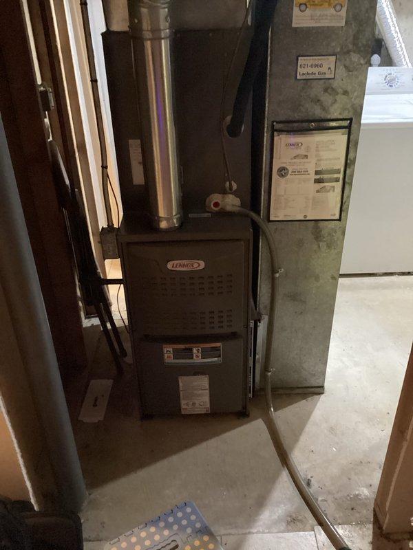 Performed a seasonal heating tune-up on one Lennox upright gas furnace, including inspection of the unit, venting, and gas connections for proper operation. Found the pleated return air filter heavily loaded with dust and debris, which restricts airflow and reduces system efficiency, and recommended replacement. The furnace was left operating normally at the completion of the service.