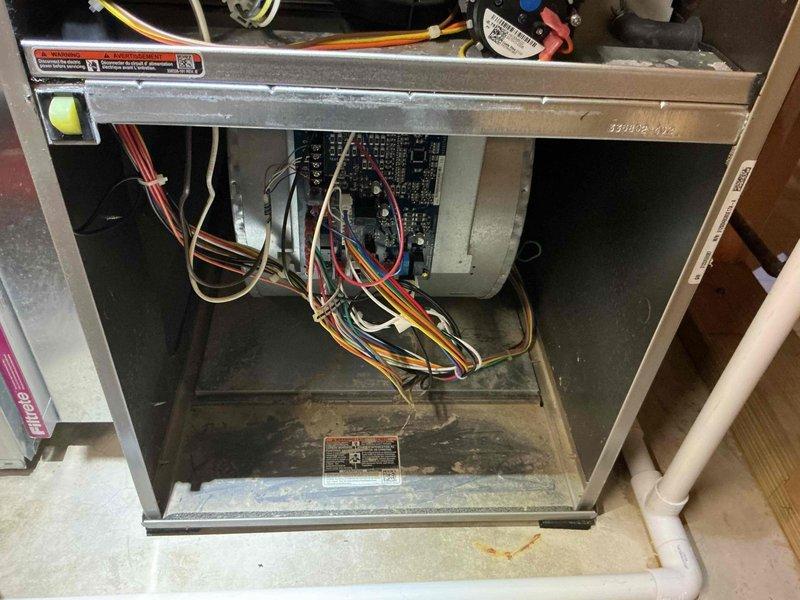 Performed a complete tune-up on a single gas furnace, including inspection of the blower motor assembly, control board, wiring, pressure switch, and condensate/PVC piping. Verified electrical operation with a clamp meter, measuring amperage draw on the blower circuit, and removed accumulated dust and debris from the cabinet interior. Confirmed the filter housing and components were in proper working order.