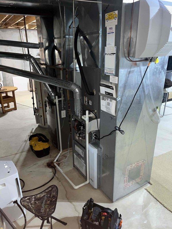 Performed annual heating tune-up on two gas furnace systems, including inspection of the burner assembly, heat exchanger, ignition components, electrical connections, and safety controls, along with verification of proper combustion, airflow, and thermostat operation. Inspected the condensate drain piping and the Aprilaire whole-home humidifier, finding no visible damage, and noted residue staining on the floor near the condensate drain that should be monitored for leaks. Both systems were operating properly at completion.