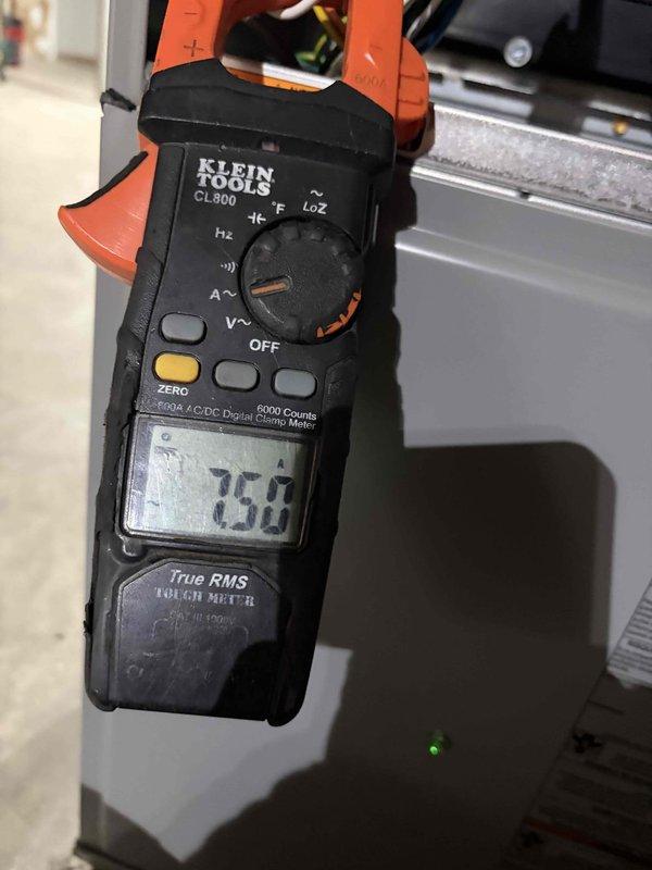 Performed a heating tune-up on one furnace, including a full system inspection and operational check. Measured amperage draw with a True RMS clamp meter, with readings of approximately 7.4–7.5 amps confirming the motor was operating within normal electrical parameters.