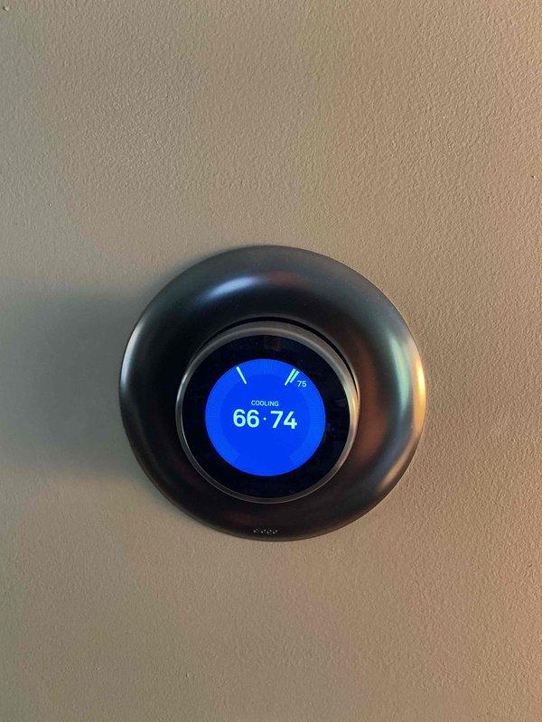Performed a seasonal tune-up on the furnace, including inspection of the unit and its components. Found the pleated air filter heavily loaded with dust and debris, indicating it is due for replacement to maintain proper airflow and efficiency. Verified thermostat operation and confirmed the system responded to its call.