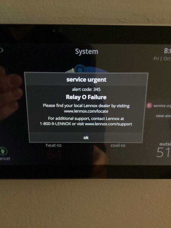 Responded to a no-cool call and found the Lennox communicating thermostat displaying a "service urgent" alert, code 345 (Relay O Failure), which had locked out the system. Diagnosed the fault as a reversing valve relay issue, cleared the alert, and restored the thermostat to normal operation with the system reading 73° and cool-to setpoint at 74°. Recommended further evaluation of the O relay circuit if the code returns.