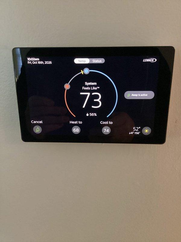 Responded to a no-cool call and found the Lennox communicating thermostat displaying a "service urgent" alert, code 345 (Relay O Failure), which had locked out the system. Diagnosed the fault as a reversing valve relay issue, cleared the alert, and restored the thermostat to normal operation with the system reading 73° and cool-to setpoint at 74°. Recommended further evaluation of the O relay circuit if the code returns.