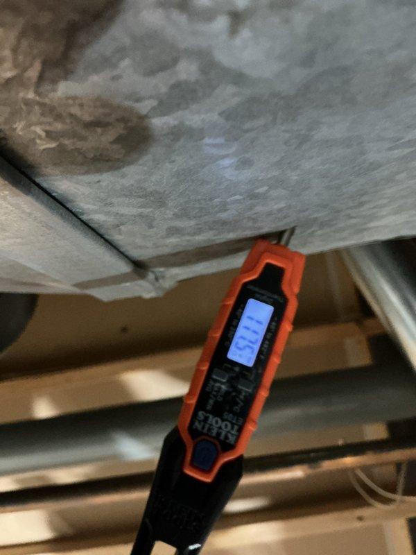 Responded to a no-heat call on a gas furnace presenting with a buzzing sound, no inducer motor activation, and a 3-flash fault code on the control board status light. Inspected the system, including supply ductwork temperature readings and a borescope inspection that revealed a tear in the foil-wrapped duct interior, and diagnosed the inducer/pressure switch circuit fault as the cause of the heat failure. Photo documentation of the findings was captured for the service record.