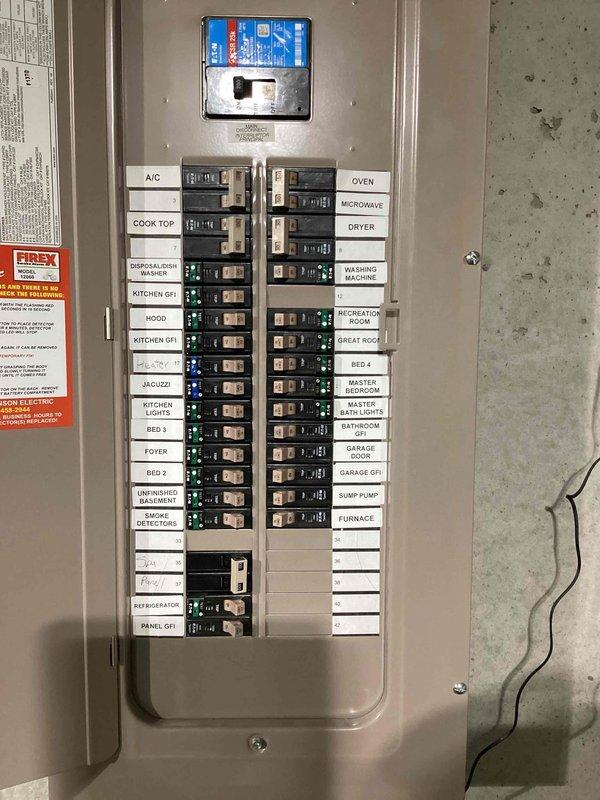 Responded to a no-power call following an outage in which a breaker tripped and several hard-wired kitchen appliances (disposal, dishwasher) and the septic alarm were affected. Inspected the main service panel and utility meter, verified circuit labeling and breaker positions including the kitchen GFCI and disposal/dishwasher circuits, and confirmed no visible damage, corrosion, or overheating at the panel or meter enclosure. Panel and service equipment appeared intact and in serviceable condition.