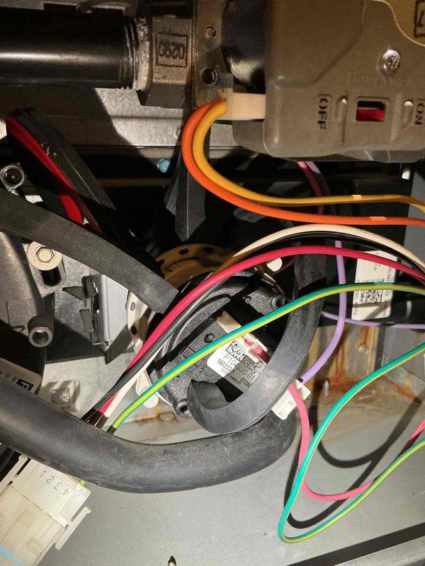 Replaced the furnace pressure switches, installing new OEM switches (P114936-01) with the hose connections and wire harness reconnected to the proper terminals. Removed the old switches and disposed of them, then verified secure hose attachment, proper wiring connections, and no visible damage within the cabinet.