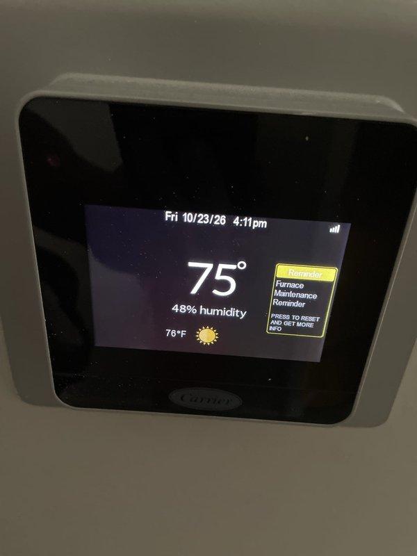 Performed a seasonal heating tune-up on a 10-year-old gas furnace, inspecting the unit, flue venting, and ductwork and confirming normal operation. The system was found in good working condition with no visible corrosion, leaks, or damage to the flue, ductwork, or condensate components. Verified thermostat operation and noted the active furnace maintenance reminder; the 20x25x1 return air filter size was documented for future replacement.