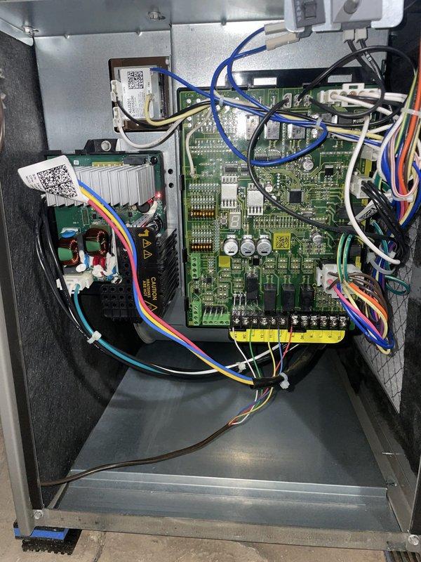 Responded to a complaint of an unusual thumping noise during furnace shutdown on a 2-year-old unit. Inspected the control compartment and main control board, verifying DIP switch configuration, wiring connections, and component condition, and found no signs of burn damage, corrosion, or loose terminals. System operation was checked through the shutdown cycle to confirm proper performance.