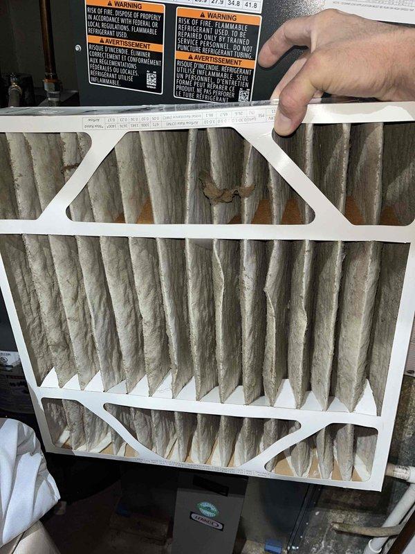 Performed a seasonal tune-up on a single furnace system, including inspection of the unit and verification of thermostat operation and display. Removed and inspected the return air filter, which was heavily loaded with dust and debris, and identified it as restricting airflow and in need of replacement. Confirmed system components, including condensate drain piping and refrigerant lines, were intact and in serviceable condition.