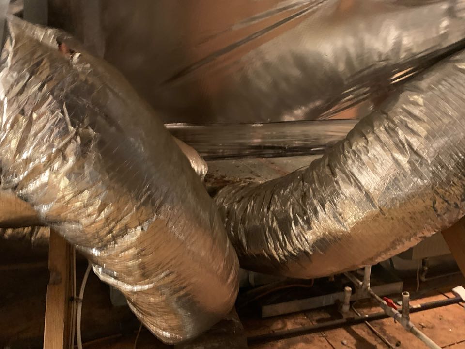 Full attic overhaul. Remove old insulation. Install clean new insulation install radiant barrier for thermal resistance. Sanitize surfaces. Raise duct work to proper hanging positions 