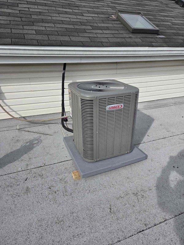 Successfully completed installation of a new Lennox 13 SEER 3-ton air conditioning system on the second floor. Work included reclaiming refrigerant from existing equipment, removing old condenser and coil, installing new Lennox condensing unit on roof and new evaporator coil, connecting to existing copper lines, evacuating system, and charging with R410a refrigerant. System was tested and adjusted for proper operation with all safety checks completed.