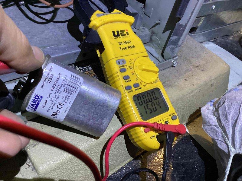 Diagnosed and serviced 17-year-old furnace with malfunctioning blower. Performed electrical testing with clamp meter on the blower motor capacitor, replaced faulty component, and verified proper operation of the gas valve and burner assembly.