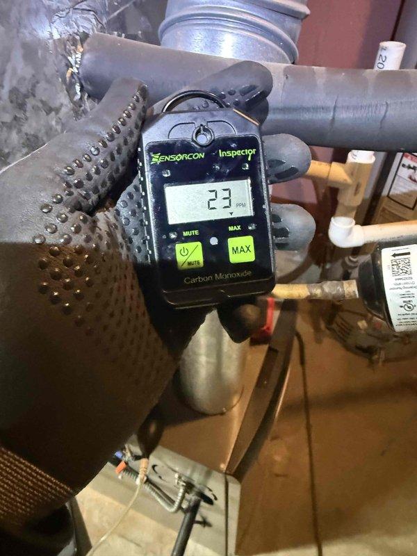 Performed standard furnace clean and check service, which included carbon monoxide testing (reading of 23ppm detected) and inspection of control board wiring and connections. System was thoroughly evaluated for proper operation and safety compliance. Warranty maintenance was completed as scheduled.