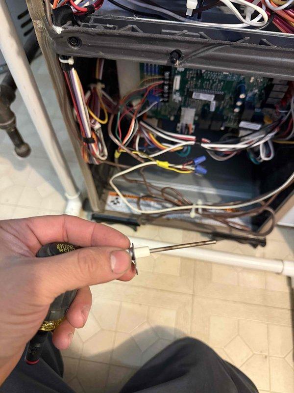 Replaced aging White Rogers 1F80-261 thermostat (installed 2002) that was failing to maintain consistent temperature, cycling off prematurely, and requiring frequent resets despite battery replacement. Installed new compatible thermostat, verified proper wiring connections to control board, and confirmed system now maintains set temperature without interruption.