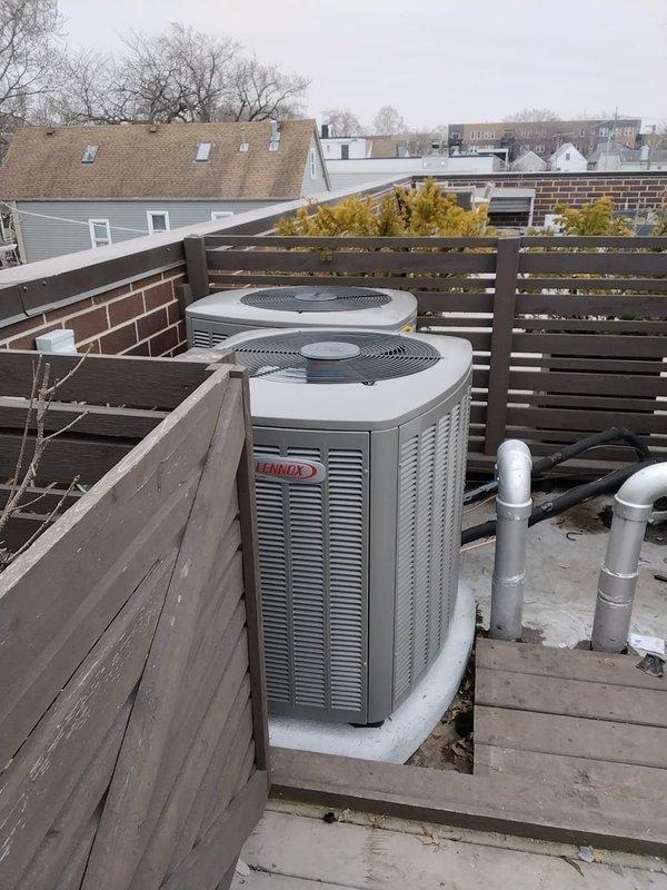 Successfully completed a comprehensive HVAC system installation for the second floor, including a new Lennox 2-stage variable speed 97% efficient 66K BTU forced air furnace (Model EL297UH070XV36B), AC unit, coil, humidifier, and wet switch. Installed the outdoor condensing units on roof-level concrete pads with proper clearance, relocated the switch box to accommodate the 17.5" wide furnace, and reconfigured gas line and P-trap to the right side while ensuring proper PVC drainage for all components.