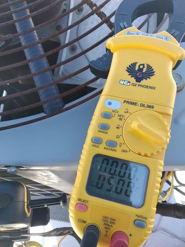 Performed routine maintenance on commercial AC unit per agreement terms. Verified thermostat functionality with temperature reading at 72°F. Conducted electrical diagnostic testing using UEi G2 PHOENIX clamp meter, confirming normal amperage readings within specification parameters.