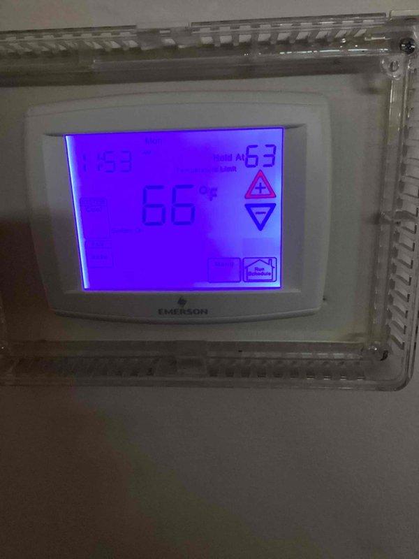 Performed spring maintenance on commercial agreement for office building with 3 AC/AH units, rectory with 2 furnace/AC units and 1 water heater, and 12 classroom heater air handlers. Verified thermostat operation (66°F setpoint with 63°F ambient) and measured system temperature (635°F). Noted filter inventory needs: 12x27x1 fiberglass (12), 8x36-1/2x1 pleated (12), and 8x28x1 pleated (12) for future maintenance.