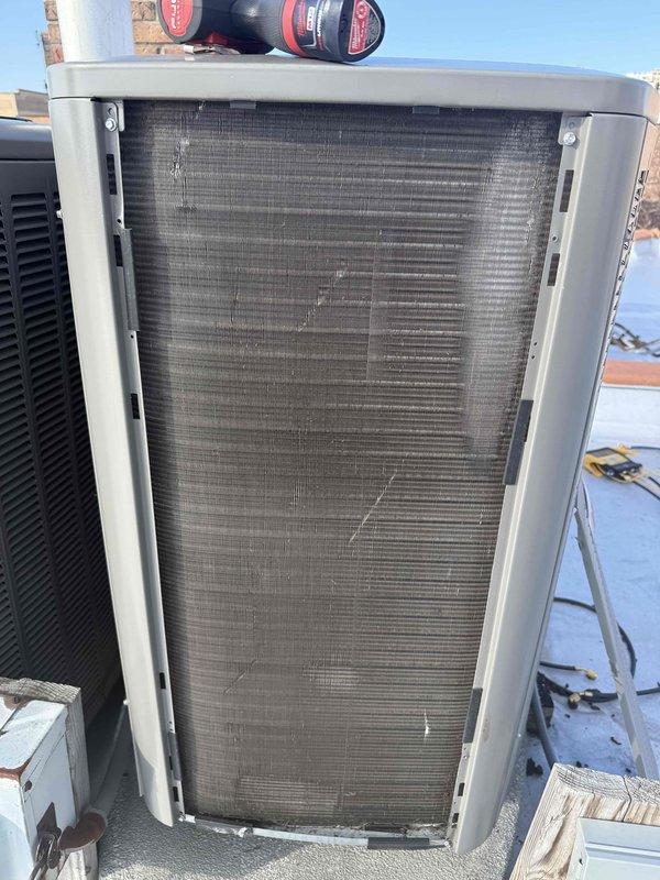 Performed a standard maintenance tune-up on two AC systems. Inspected and leveled outdoor unit, checked condenser coils which showed minor fin damage and accumulated debris. Recommended Comfort Plan for future maintenance but customer declined.