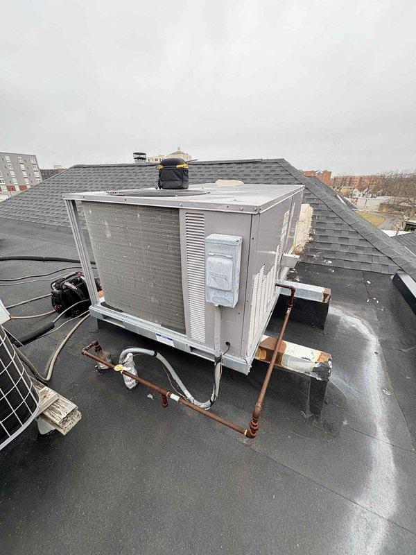 Performed Comfort Plan Clean and Check on rooftop unit. Replaced dirty 16x25x2 air filters with new ones, inspected condenser coils and electrical connections. Note: Will need to return to shut off boilers.