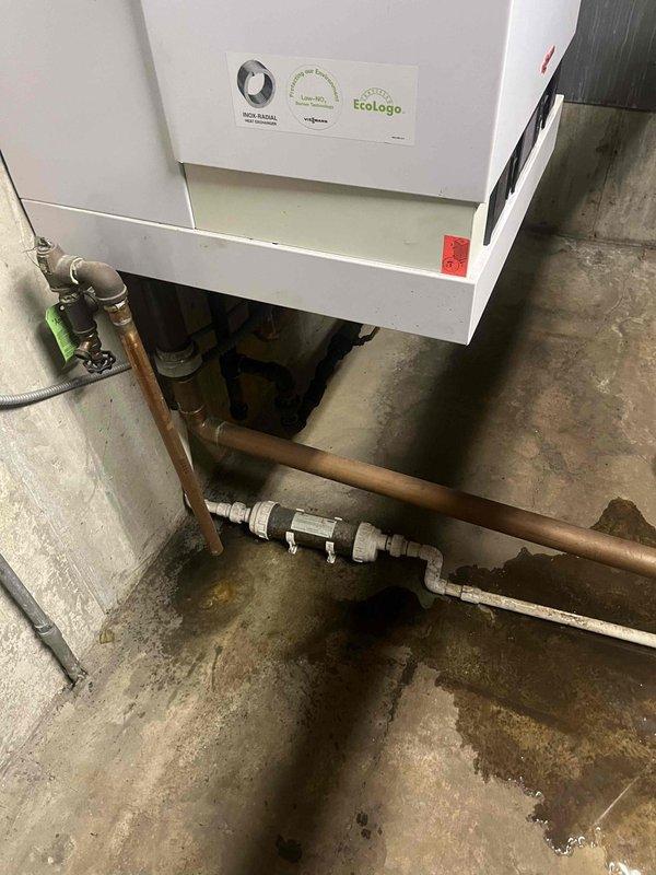 Responded to service call for low water pressure and no hot water. Inspected tanked water heater system in mechanical room, documenting the condition of the unit and associated plumbing connections. Identified issue with circular flange valve, measured component dimensions, and performed necessary repairs to restore proper hot water flow and system pressure.