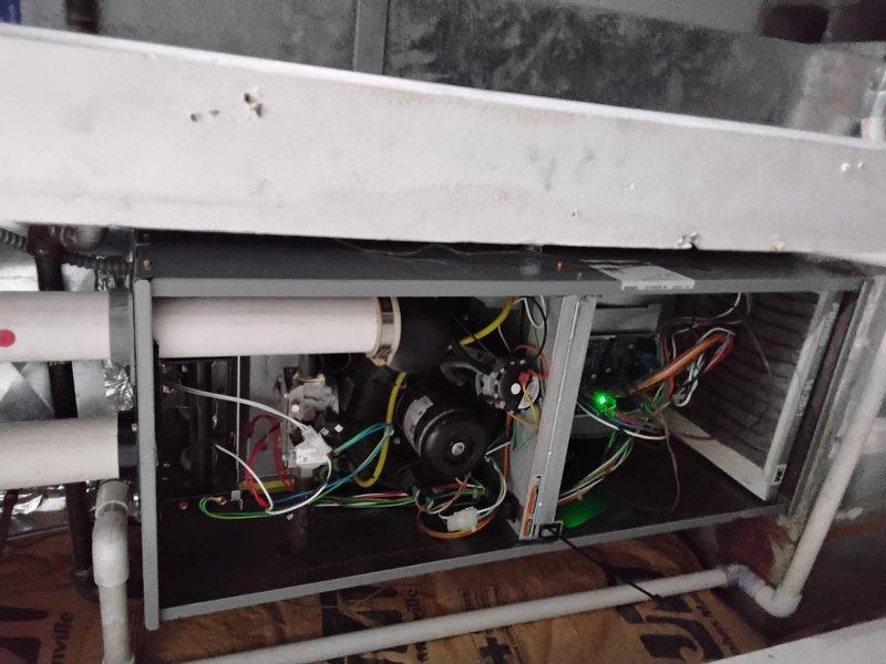 Performed diagnostic on 10+ year old furnace exhibiting no heat condition. Accessed electrical compartment to inspect connections and identified faulty control board as evidenced by irregular indicator light behavior. Replaced control board, verified all wiring connections were properly secured, and confirmed system now operating with proper heating function through complete operational test.