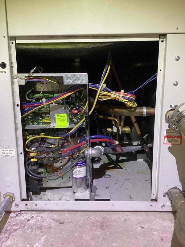 Diagnosed 28-year-old heating system failure and identified faulty control board causing insufficient heat output, with measured outlet temperature of 65.8°F. Replaced control board, reconnected all wiring harnesses according to manufacturer specifications, and verified proper system operation with improved heat output.