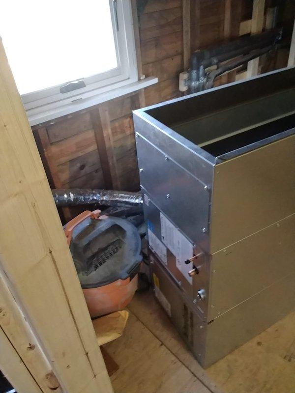 Completed a capacity upgrade on the existing Unico high-velocity system by replacing the old blower module, coil module, and hydronic coil module with new 3-3.5 ton ECM motor components. Successfully adapted new equipment to existing supply trunk line and installed additional return air duct on the 2nd floor to improve system performance and airflow.