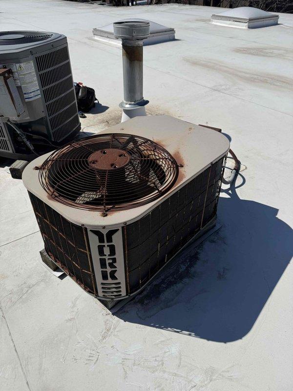 # Service Report

Completed spring preventive maintenance on commercial rooftop York air conditioning unit per contract service agreement checklist. Confirmed tenant availability prior to site access as required. Performed comprehensive inspection of condenser unit including visual assessment of cabinet condition, coil cleanliness, and overall equipment operation. Tested and documented electrical readings using digital multimeter, recording voltage at 347.1V to verify proper power supply. Inspected run capacitor condition and electrical connections at contactor assembly. Evaluated condenser coil for debris accumulation and airflow restrictions. Noted weathering and rust staining on rooftop equipment base and surrounding roof membrane. Documented equipment nameplate information and current filter specifications for maintenance records. Captured photographic documentation of equipment condition and service performed. Flagged equipment information updates for office records to ensure accu