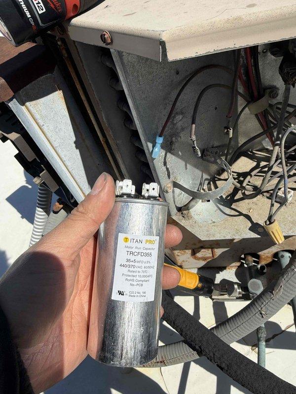 # Service Summary

Performed commercial HVAC preventive maintenance visit. Replaced failed dual-run capacitor (TITAN PRO TRCFD355, 35+5 MFD, 440/370 VAC) on outdoor condensing unit. Disconnected electrical connections, removed old capacitor showing signs of wear and deterioration, installed new capacitor, and reconnected all wiring to contactor and compressor terminals. Verified proper electrical connections and system operation upon completion.