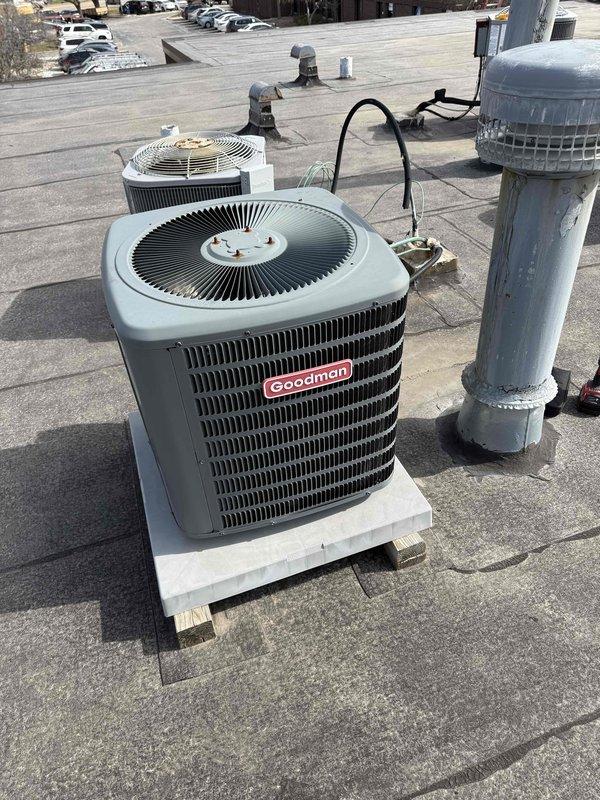 Completed spring preventative maintenance on commercial HVAC system per contract service agreement. Replaced air filter on indoor air handler unit and performed comprehensive inspection of two Goodman rooftop condenser units. Documented equipment specifications and filter dimensions, noting all system information for maintenance records and flagging necessary updates to filter inventory list.