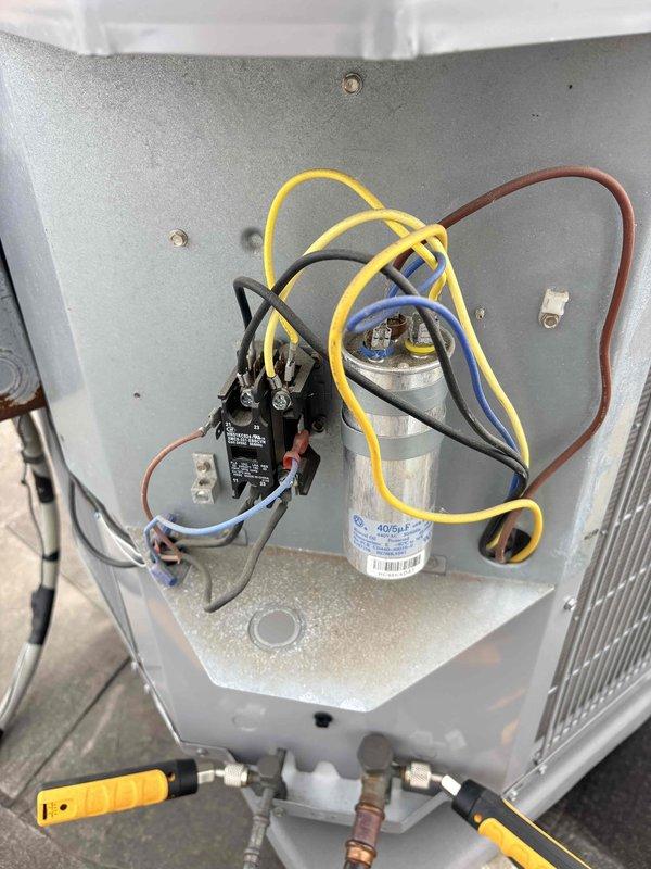 Completed spring preventive maintenance on commercial HVAC system. Replaced heavily clogged air filter that showed significant dust and debris accumulation. Inspected electrical components including capacitor, contactor, and associated wiring connections. Documented current equipment specifications and filter dimensions for maintenance records, noting any discrepancies requiring filter list updates.