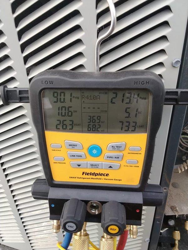 Completed spring commercial preventive maintenance on HVAC system per contract service agreement. Coordinated tenant availability and property management notification requirements prior to entry. Performed comprehensive cooling and non-cooling season checklist including system operational testing, refrigerant pressure analysis showing 90 PSIG low side and 213.4 PSIG high side with superheat and subcooling measurements within acceptable parameters. Documented current filter specifications (24x24x2) and equipment information, noting required updates to filter inventory list for future service coordination. Restored thermostat settings to original positions upon completion. System operating properly at time of departure.